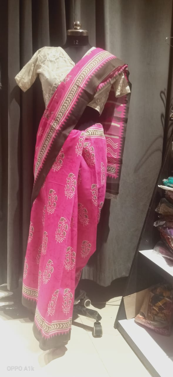 Batick print pink mulmul saree