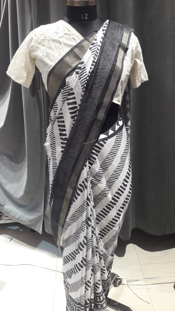 Black n white cotton silk saree