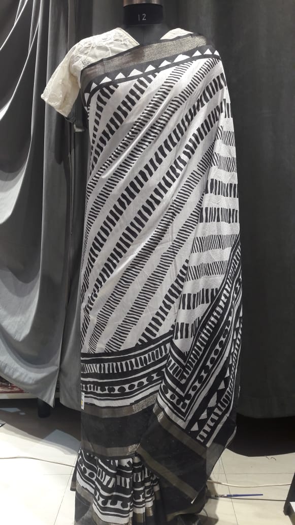 Black n white cotton silk saree