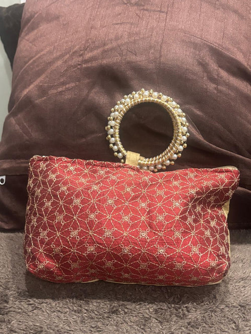Embroidery maroon purse with bangle handle