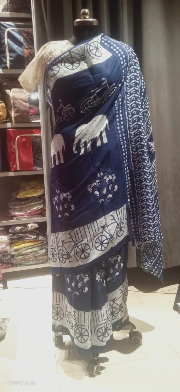 Indigo blue mul mul saree elephant print