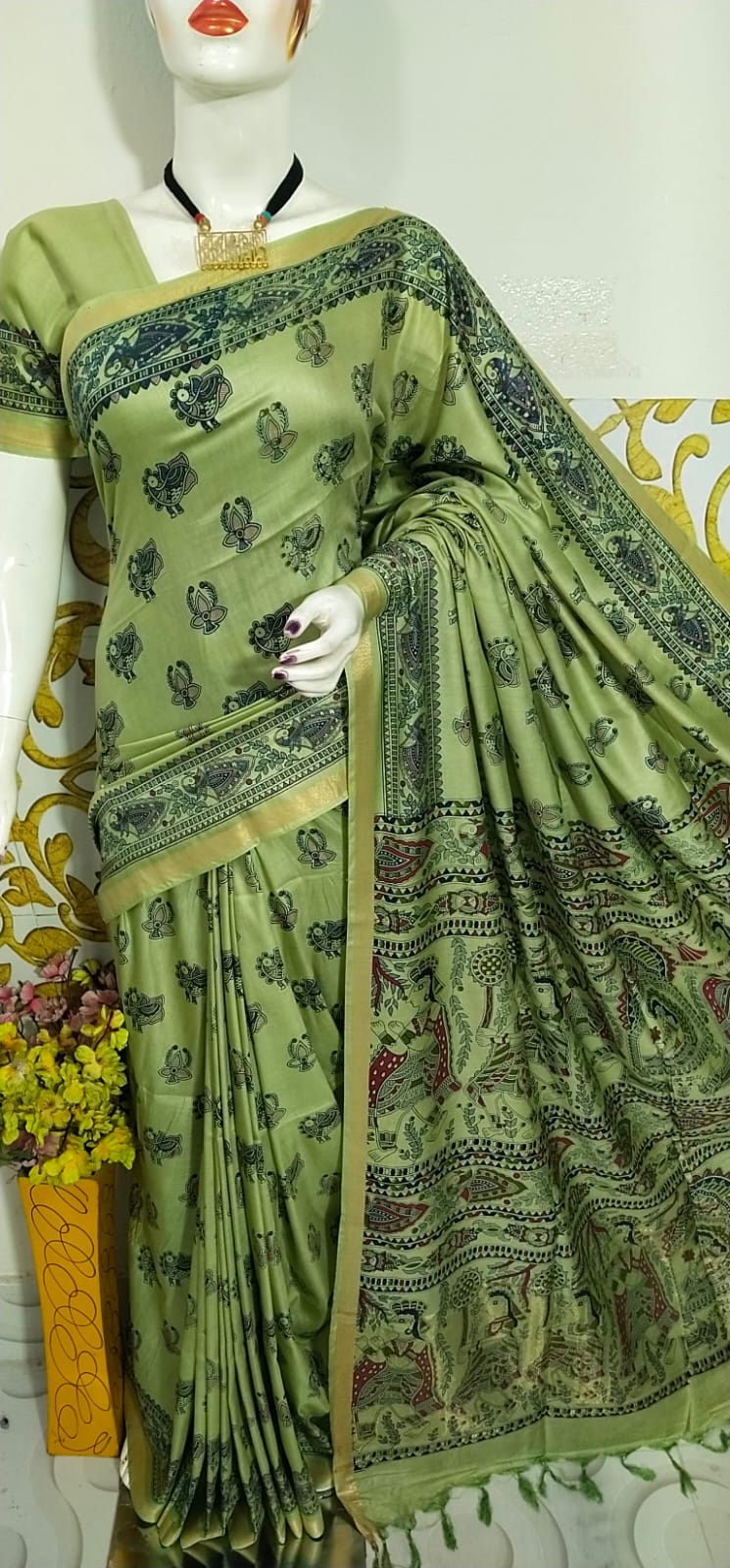 MADHUBANI PRINT GREEN SAREE