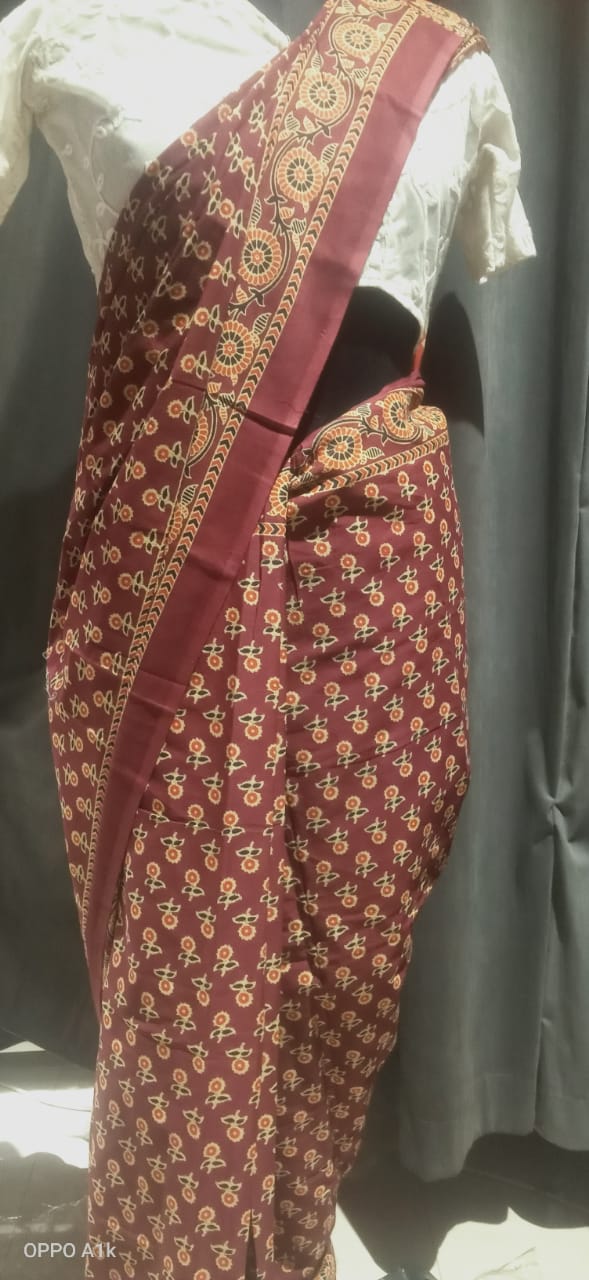 Maroon Bagh Print MulMul Saree