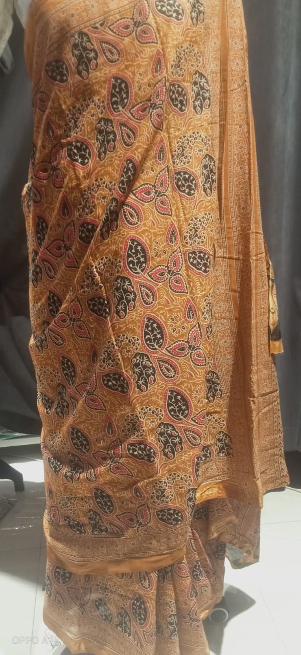 Mustard Chanderi Cotton Aajrak Saree