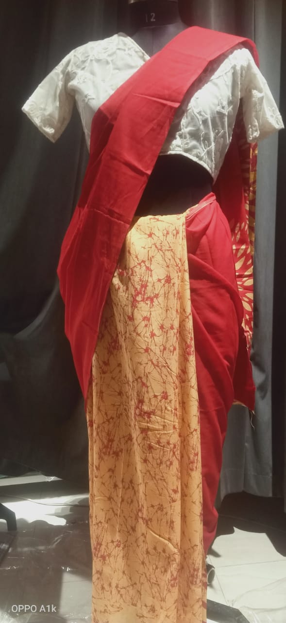 Red Beige Half MulMul Saree