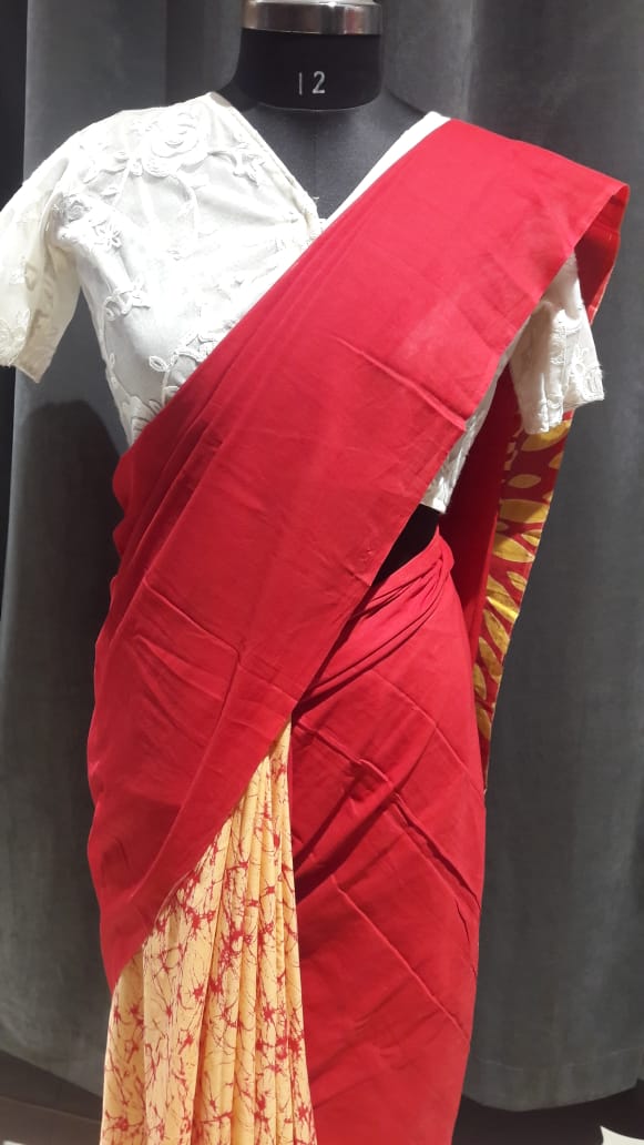 Red n Beige mul mul saree
