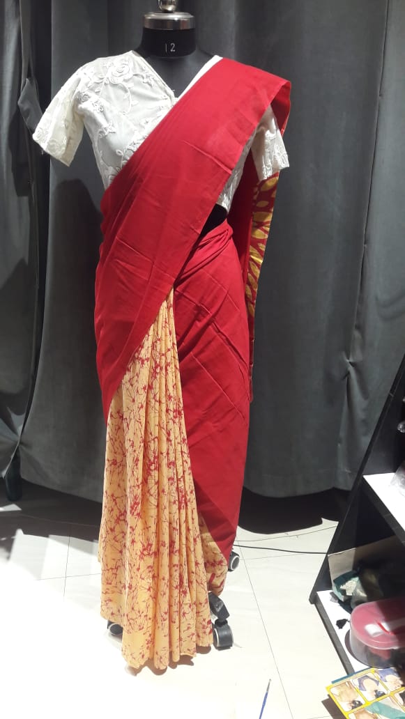 Red n Beige mul mul saree