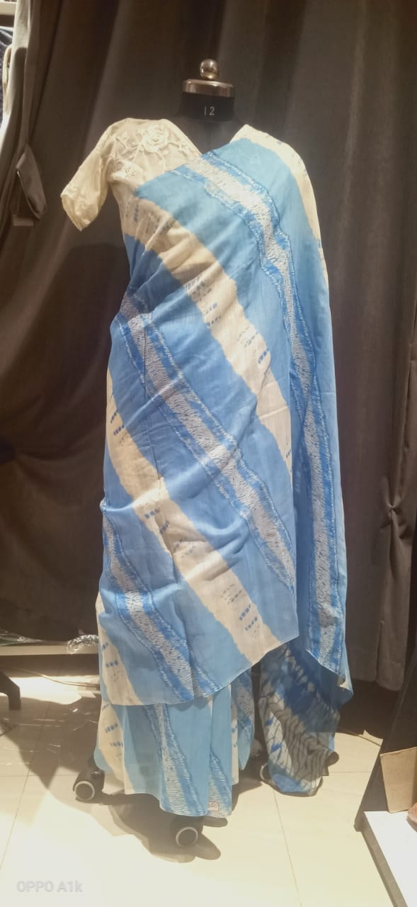 Sky Blue Sibori Print MulMul Saree