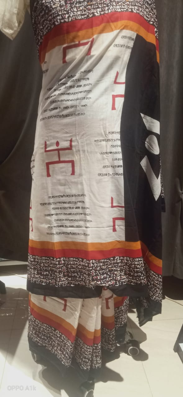 Swastik Print White MulMul Saree