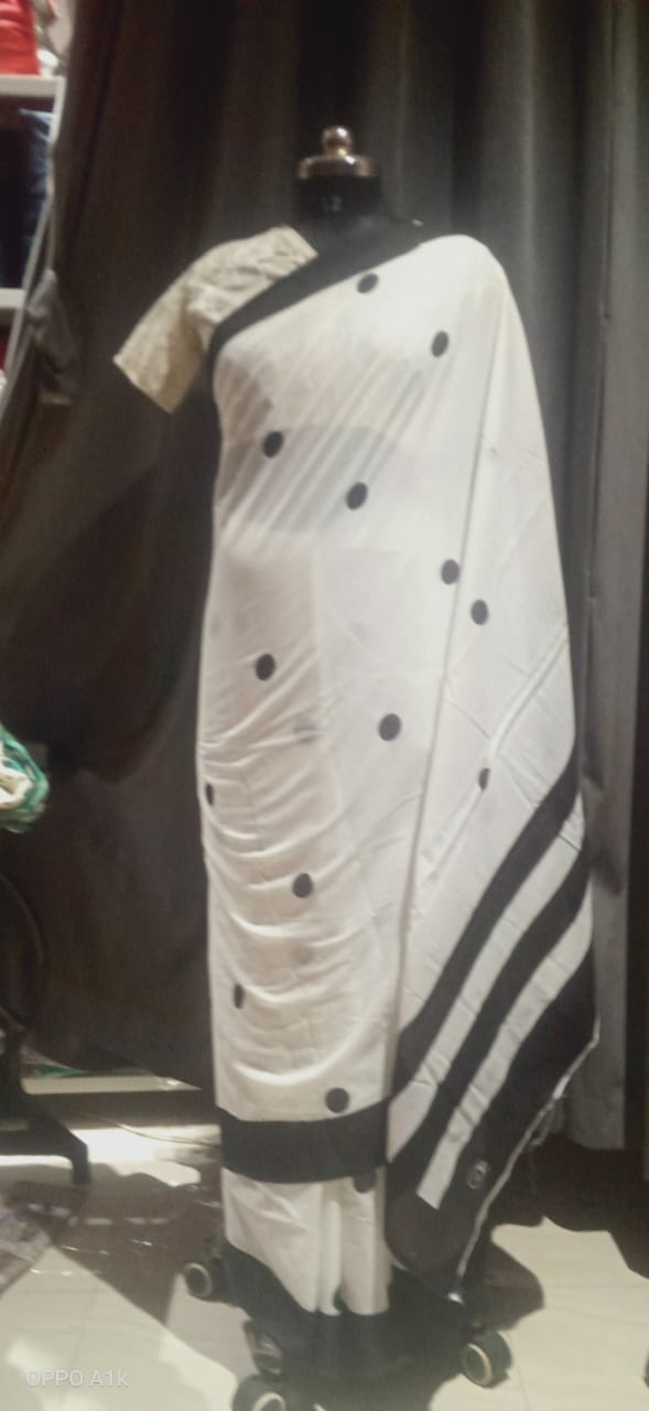 White Printed MulMul Saree