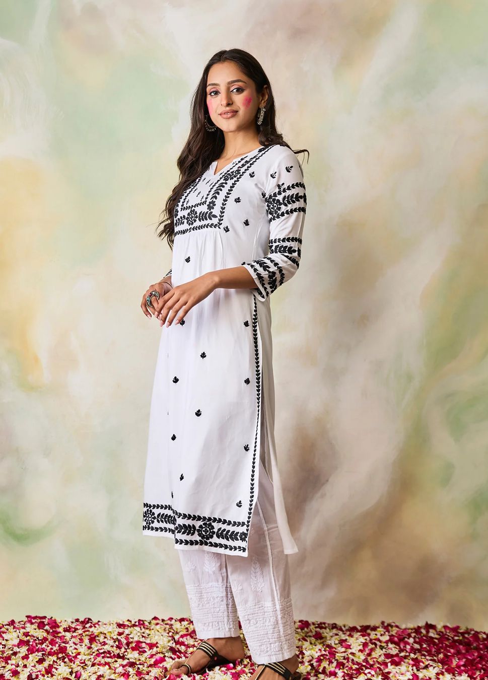 White Rayon Blend Kurti Embroidered With Sleeve Work