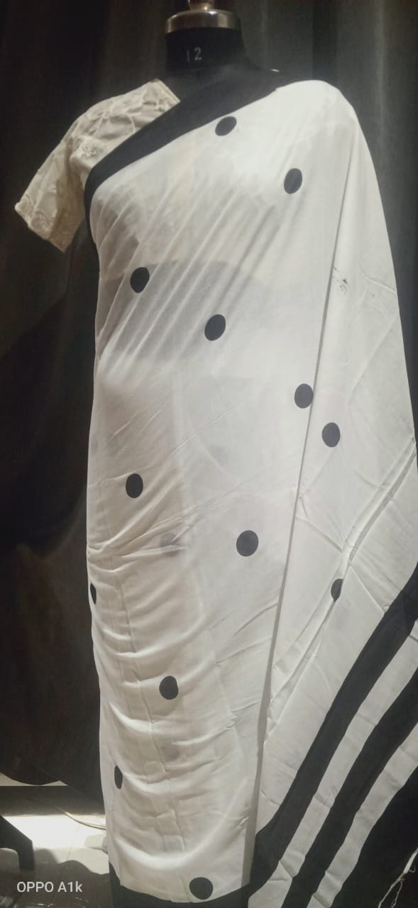 White Printed MulMul Saree