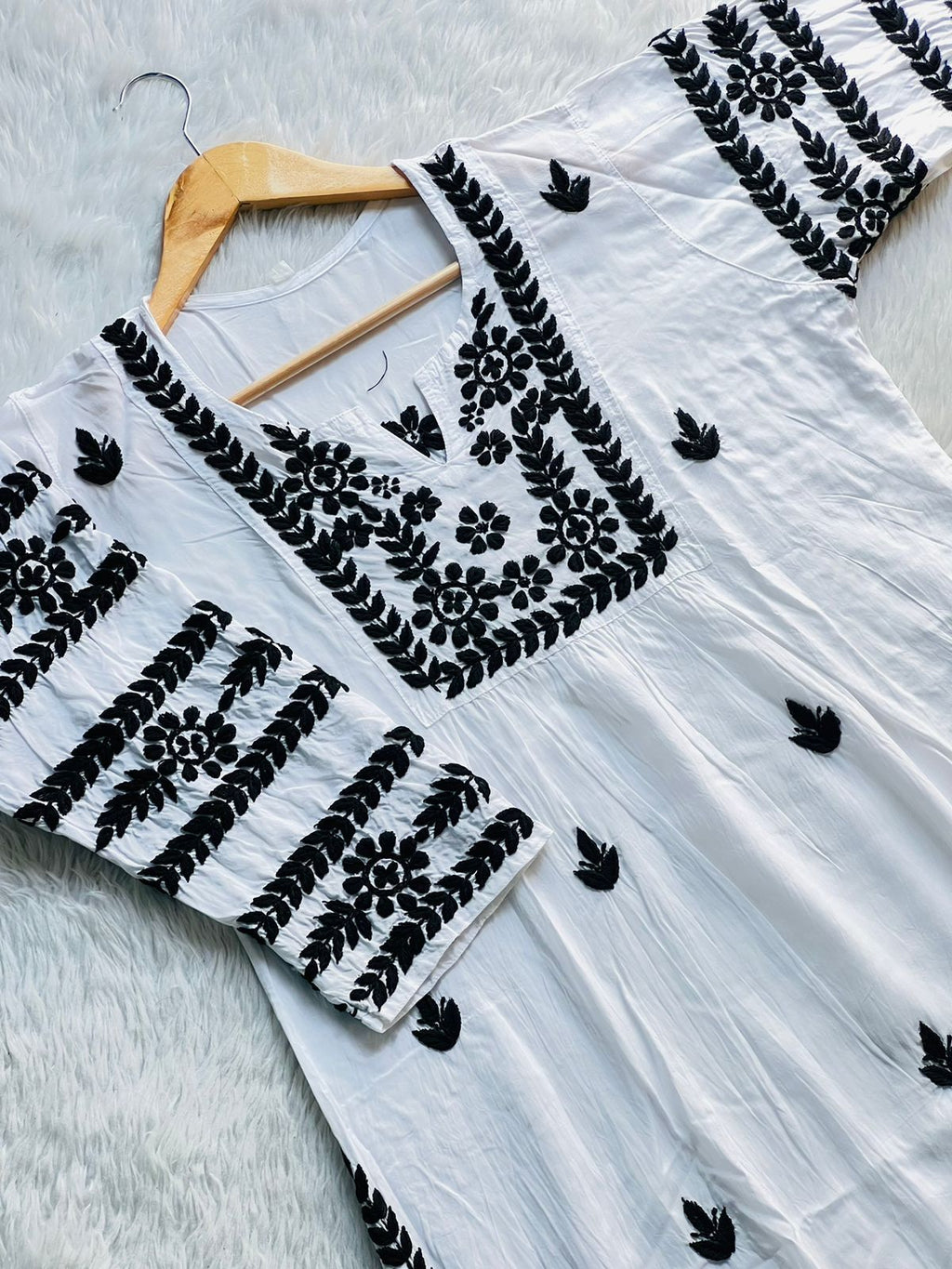 White Rayon Blend Kurti Embroidered With Sleeve Work