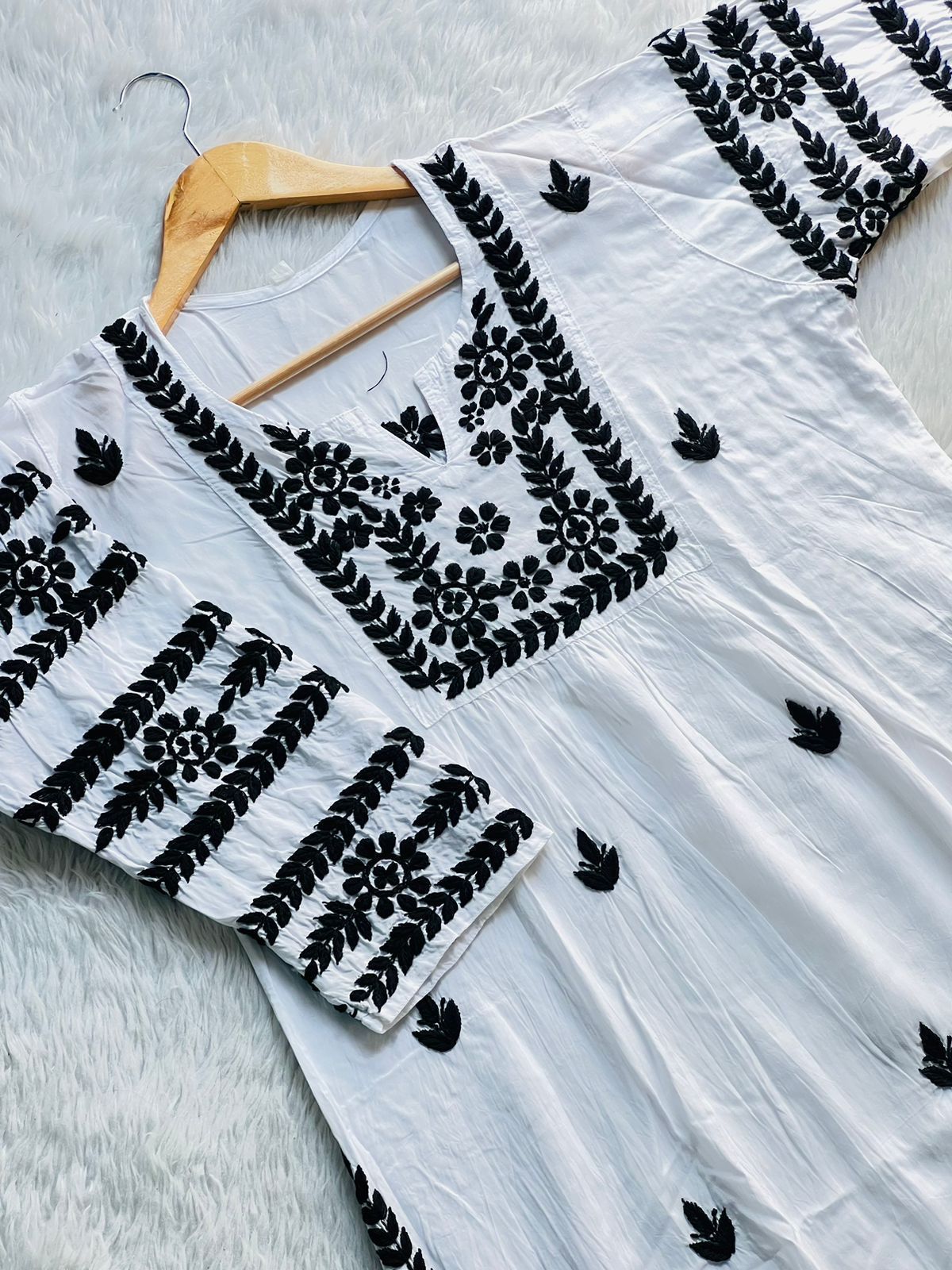 White Rayon Blend Kurti Embroidered With Sleeve Work