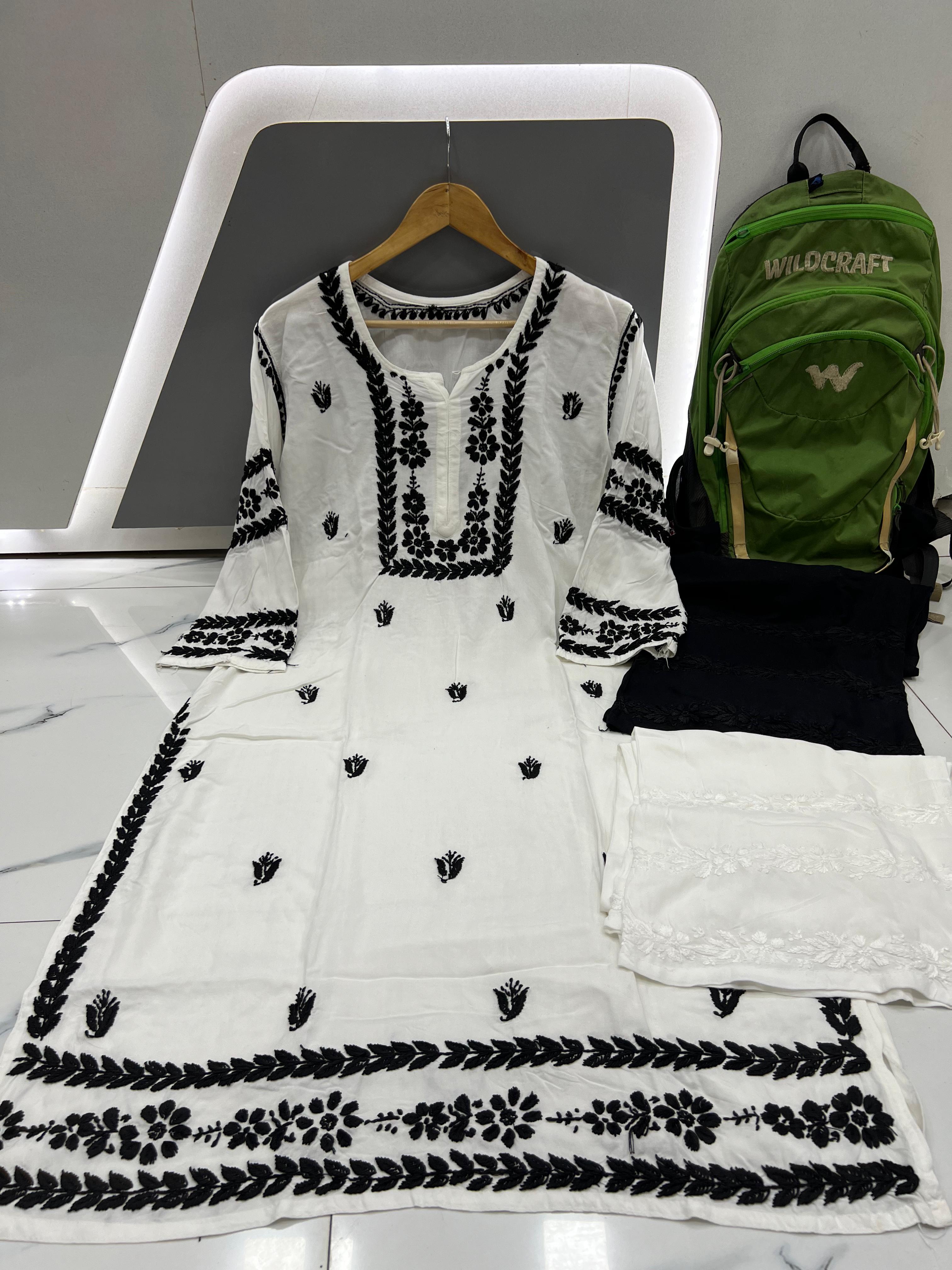 White Rayon Blend Kurti Embroidered With Sleeve Work