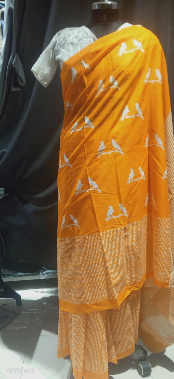 Yellow Mu-Mul Saree Bird Print