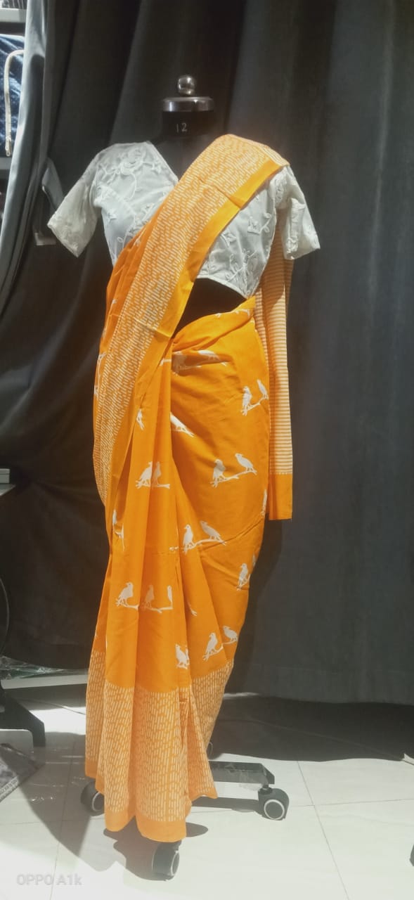 Yellow Mu-Mul Saree Bird Print